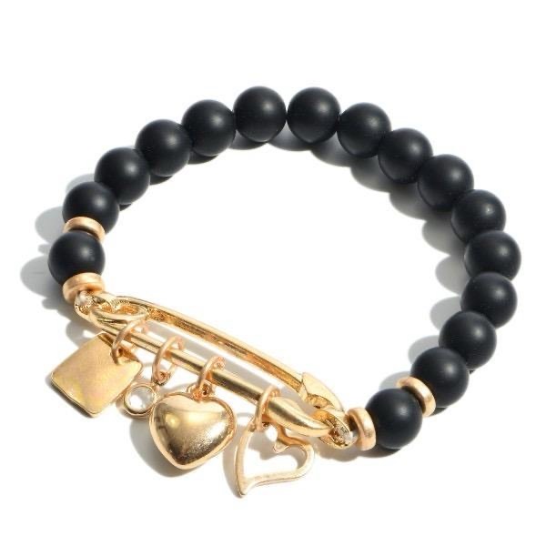Natural Stone Beaded Safety Pin Hearts Charm Bracelet 8$
